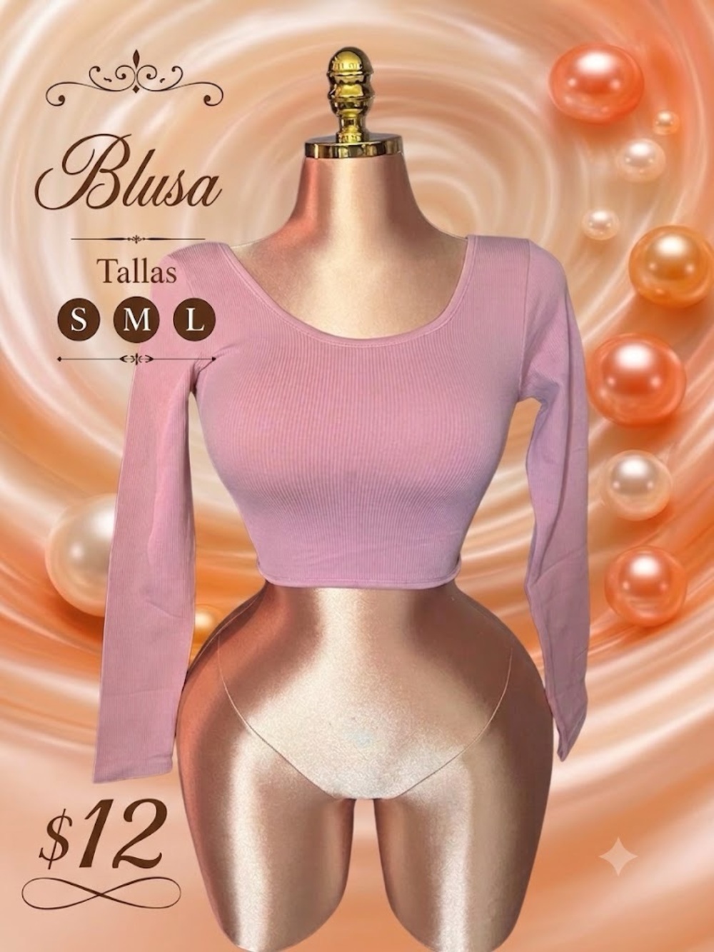 Women's Ribbed Long-Sleeve Crop Top - Light Pink